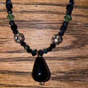 Swarovski Green crystal, rhinestone, & black Onyx Teardrop Pendant Necklace